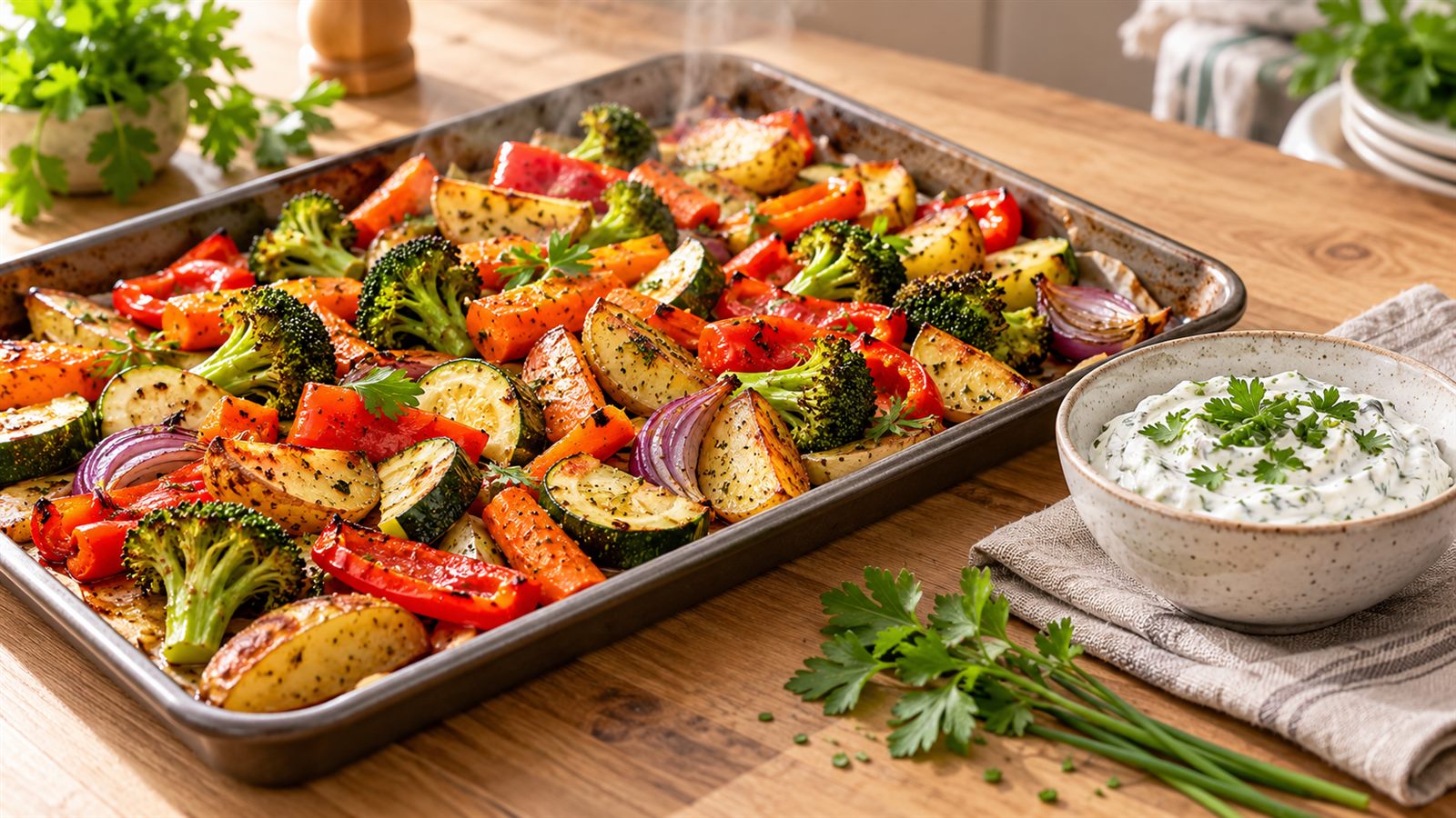 Ofengemüse mit Kräuterquark: Sättigendes Rezept zum Abnehmen